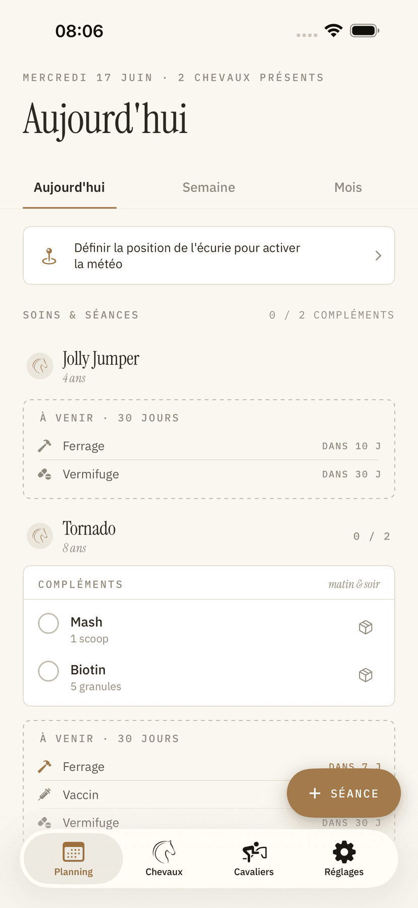 Aperçu de l'écran Aujourd'hui dans BarnMate