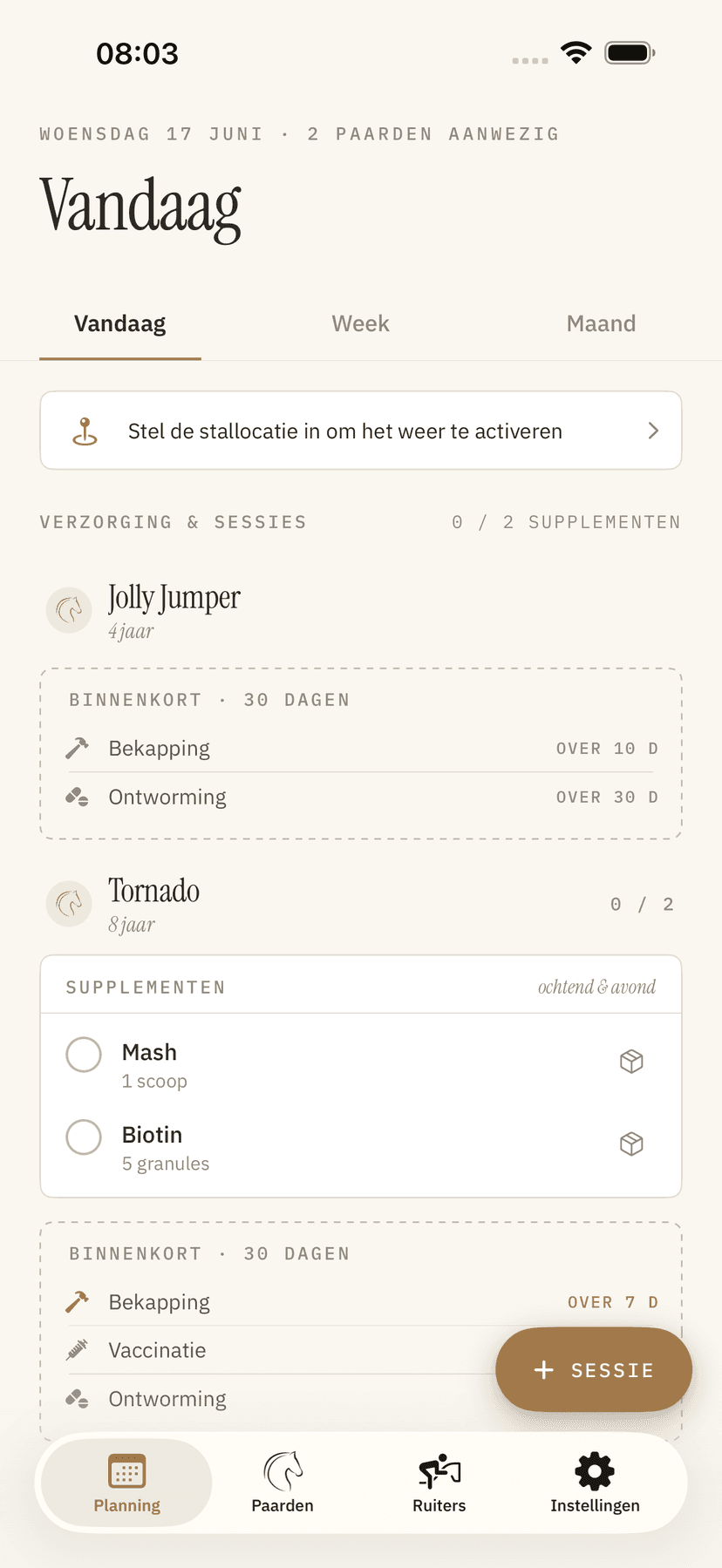 Voorbeeld van het Vandaag-scherm van BarnMate