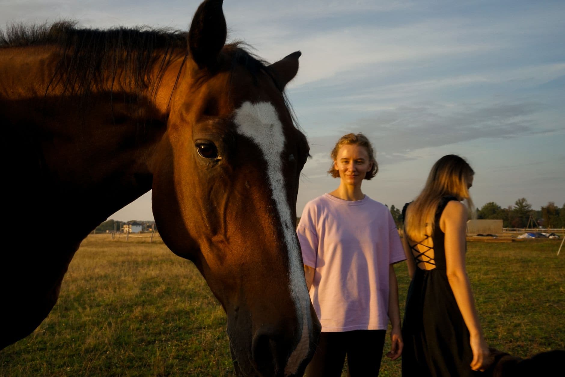 Panoramique : deux personnes marchent avec le même cheval à la tombée du jour
